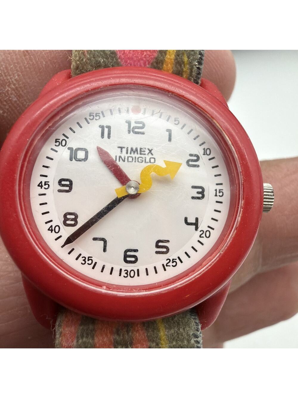 Vintage Timex Kids Time Teachers Elastic Strap Red Indiglo Moving Arrow Rare